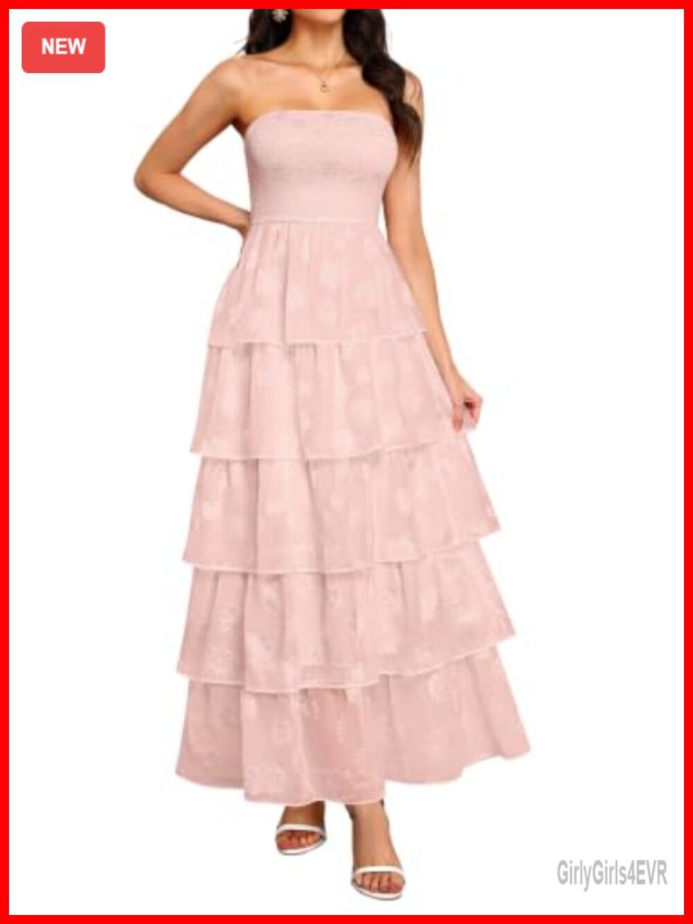 Jacquard Strapless Smocked Tiered Maxi Dress Wedding Guest